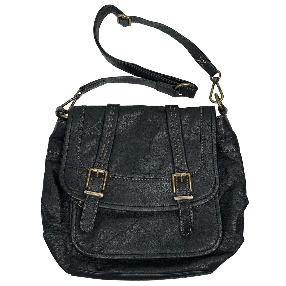 The Sak Crossbody Saddle Bag‎ Purse Black Leather Buckle Flap Messenger Satchel